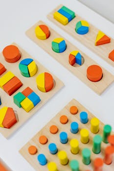 Vibrant wooden toys are ideal for preschool learning and playroom decor.